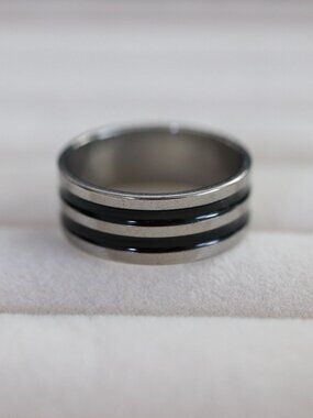SB2 Mens Ring 7mm Silver Edge with 2-Black Center Wedding Band Ring Stainless